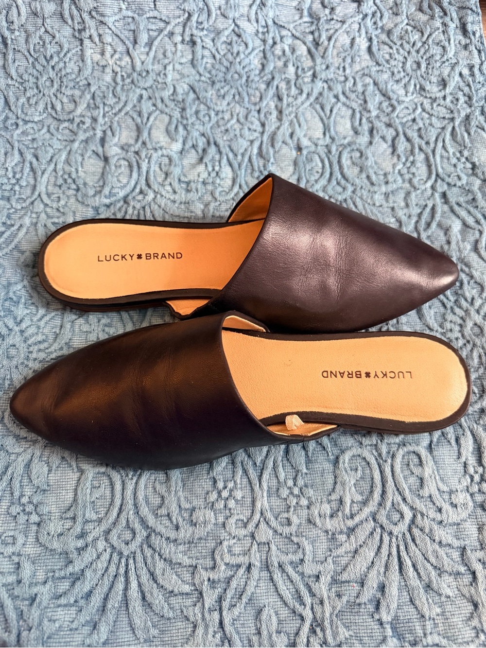 Lucky Brand Black Pointed Leather Slip-On Mules